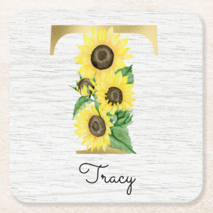 Monogram Gold Sunflower Girly Floral Initial Rechteckiger Pappuntersetzer