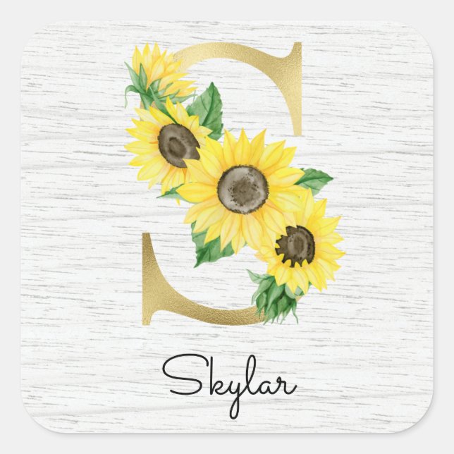 Monogram Gold Sunflower Girly Floral Initial S Quadratischer Aufkleber (Vorderseite)