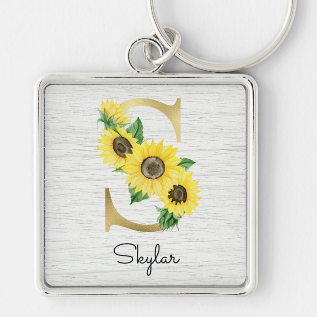 Monogram Gold Sunflower Girly Floral Initial S Schlüsselanhänger (Vorne)