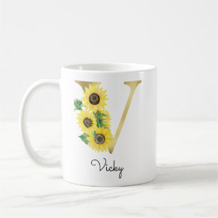 Monogram Gold Sunflower Girly Floral Initial V Kaffeetasse