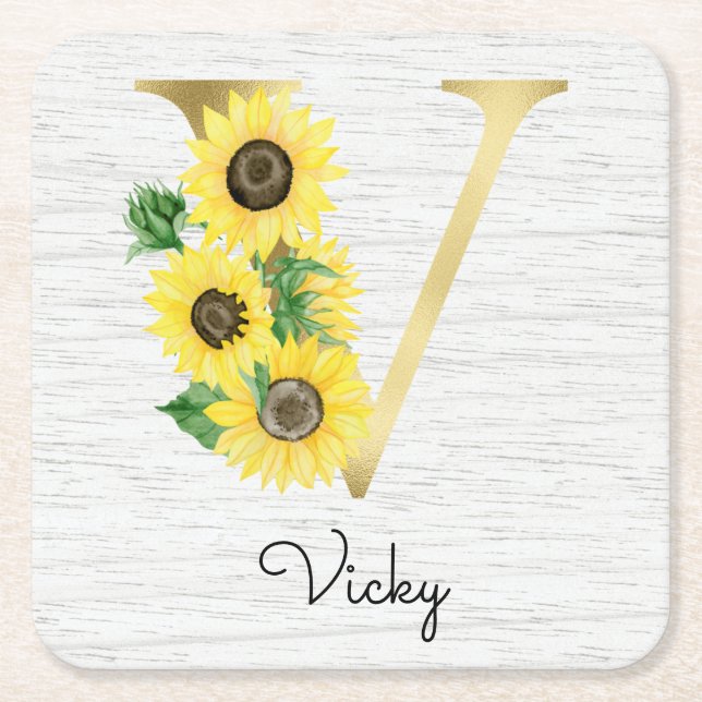 Monogram Gold Sunflower Girly Floral Initial V Rechteckiger Pappuntersetzer (Vorderseite)