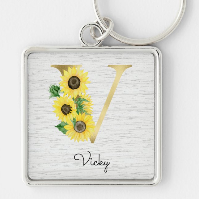 Monogram Gold Sunflower Girly Floral Initial V Schlüsselanhänger (Vorne)