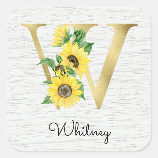 Monogram Gold Sunflower Girly Floral Initial W Quadratischer Aufkleber (Vorderseite)