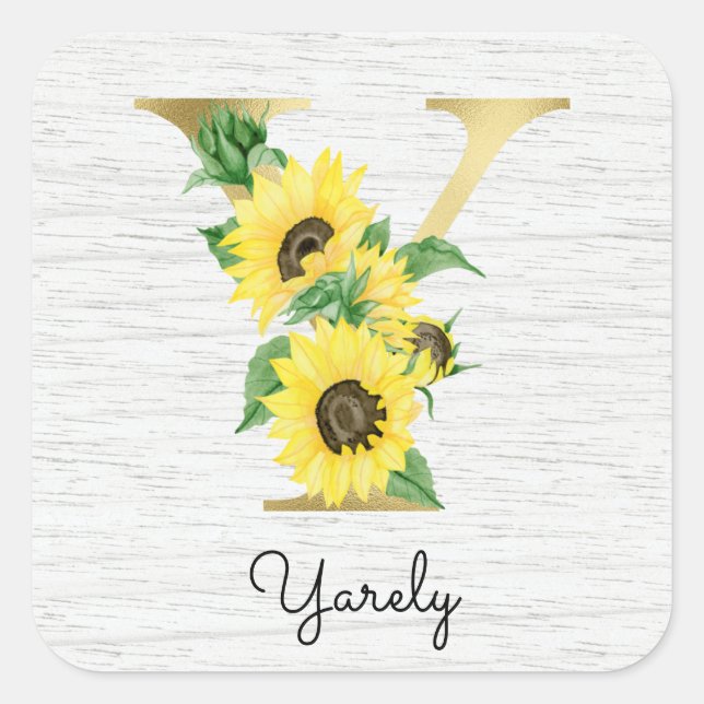 Monogram Gold Sunflower Girly Floral Initial Y Quadratischer Aufkleber (Vorderseite)