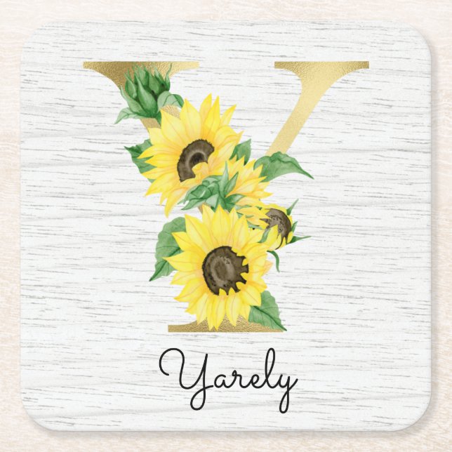 Monogram Gold Sunflower Girly Floral Initial Y Rechteckiger Pappuntersetzer (Vorderseite)