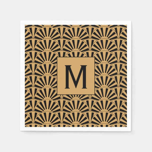 Monogram Gold und Black Art Deco Blume Motif Serviette (Vorderseite)