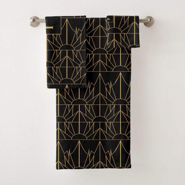 Monogram Gold und Black Art Deco Muster Badhandtuch Set (Insitu)