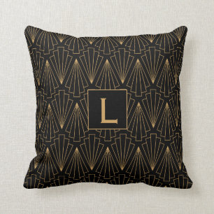 Monogram Gold und Black Art Deco Muster Kissen