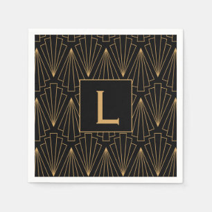 Monogram Gold und Black Art Deco Muster Serviette