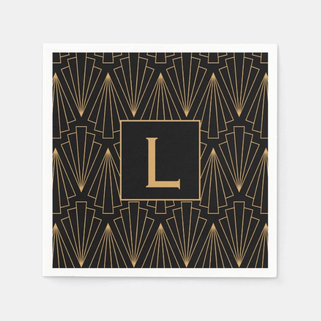 Monogram Gold und Black Art Deco Muster Serviette (Vorderseite)