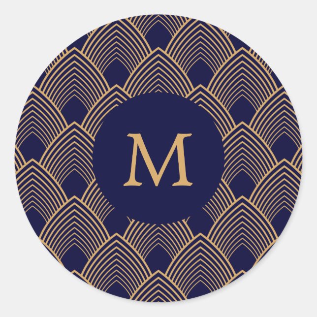 Monogram Gold und Blue Art Deco Muster Runder Aufkleber (Vorderseite)