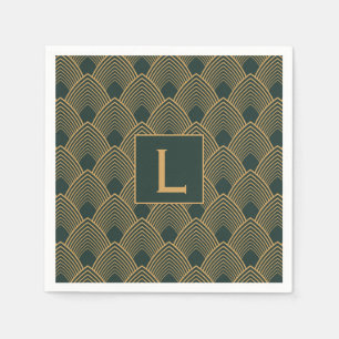 Monogram Gold und Emerald Green Art Deco Muster Serviette
