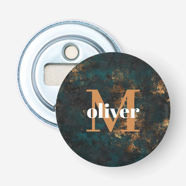 Monogram Gold und Marine Aquamarin Flaschenöffner (Vorderseite)