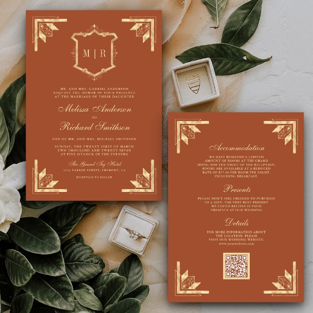 Monogram, Gold Wappen QR Code Terracotta Wedding Einladung (Von Creator hochgeladen)