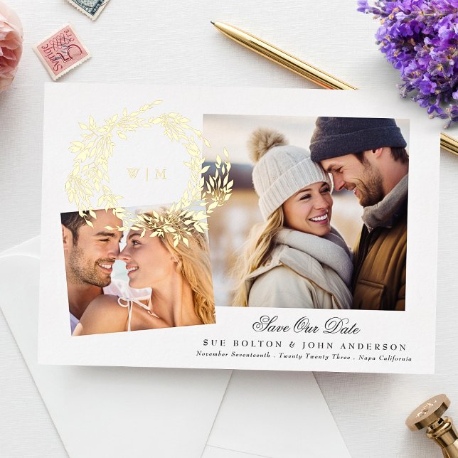 Monogram Gold Wreath Collage Foto Save the Date Folieneinladung (Von Creator hochgeladen)