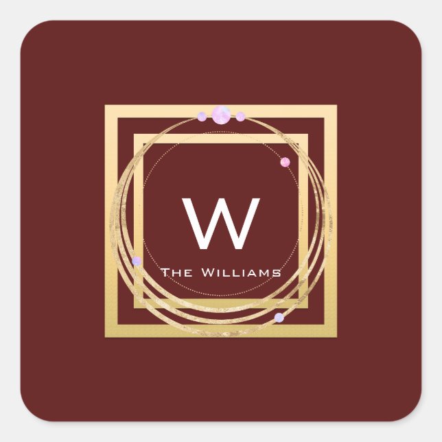 Monogram Golden Frame Minimalism Geometrie Burgund Quadratischer Aufkleber (Vorderseite)