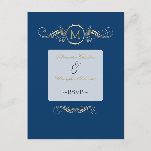 Monogram Golden Wirbel Elegant Blue UAWG Einladungspostkarte (Vorderseite)