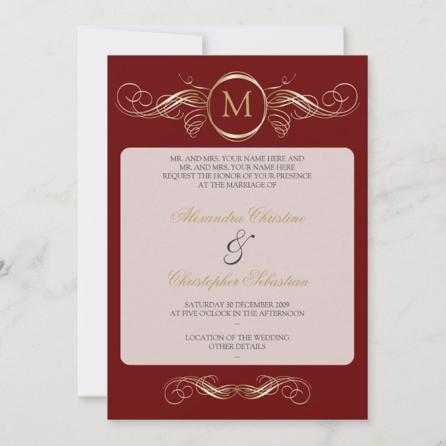 Monogram Golden Wirbel Elegante Rote Hochzeit Einladung (Vorderseite)