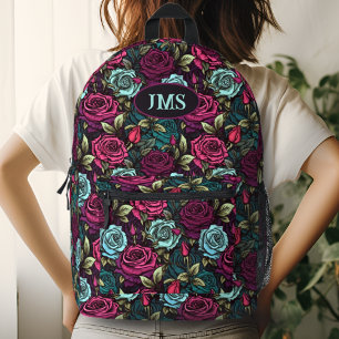 Monogram Gothic Rose Pink Lila und Blaue Floral Bedruckter Rucksack