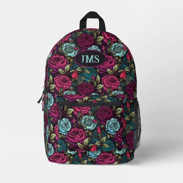 Monogram Gothic Rose Rosa Lila und Blau Blüten Bedruckter Rucksack (Vorderseite)