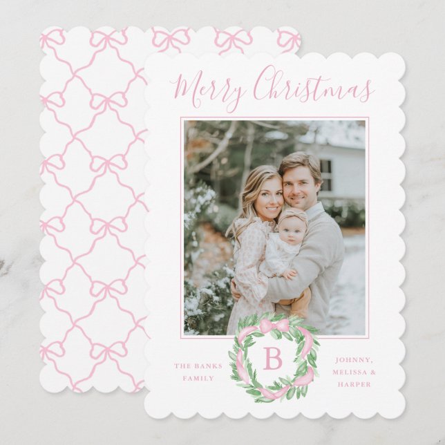 Monogram Grandmillennial Christmas Wreath Bows Feiertagskarte (Vorne/Hinten)