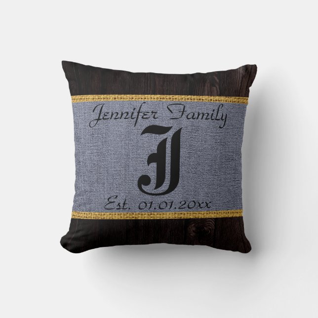 Monogram graue Rustikale Burlap Linen Wood Look Kissen (Vorderseite)