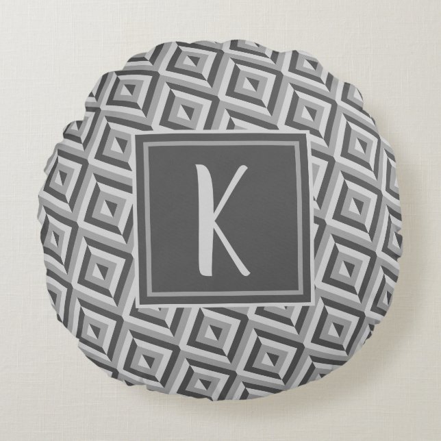 Monogram Graues Dreikantmuster Rundes Kissen (Vorderseite)