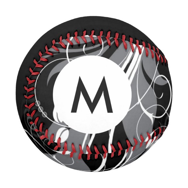 Monogram Graues florales Muster auf schwarz Baseball (Vorderseite Links)