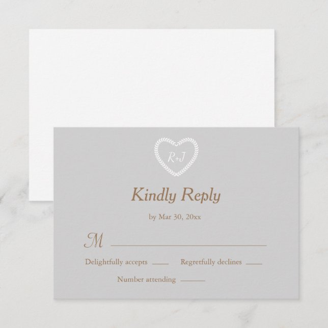 Monogram Graues weißes goldenes Herz geformt Weddi Einladung (Vorne/Hinten)