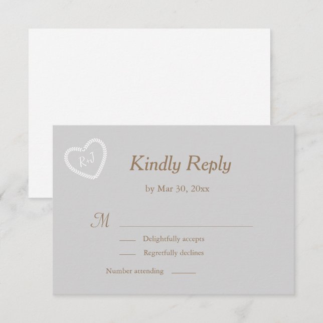 Monogram Graues weißes goldenes Herz geformt Weddi Einladung (Vorne/Hinten)