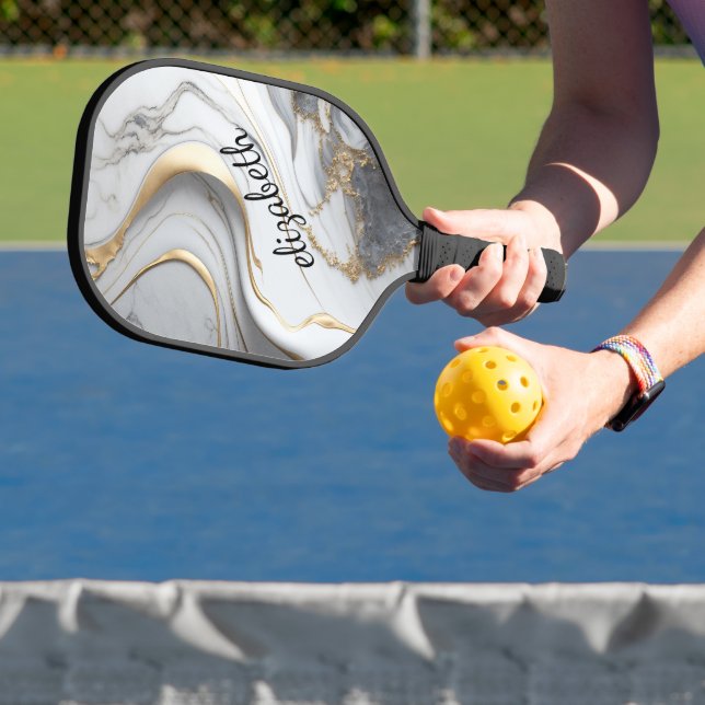 Monogram, Gray Black Gold Marmor Swirl Chic Stilvo Pickleball Schläger (InSitu)