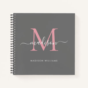 Monogram, Gray Blush Pink Elegant Initialskript Notizbuch
