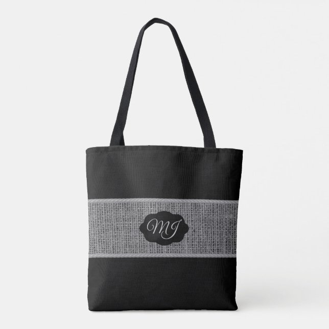 Monogram Gray Burlap auf Black Tasche (Rückseite)