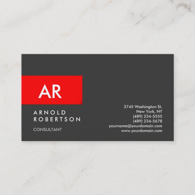 Monogram Gray Red Modern Stylish Business Card Visitenkarte (Vorderseite)