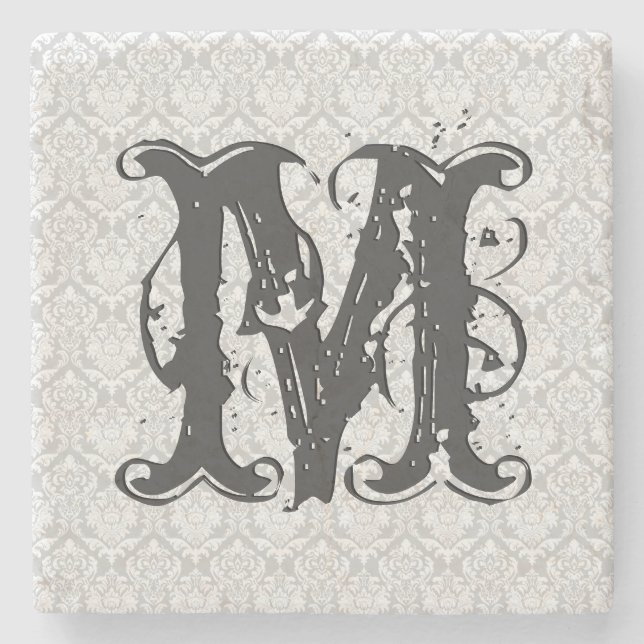 Monogram Gray Tones Vintag Floral Pattern Steinuntersetzer (Vorderseite)