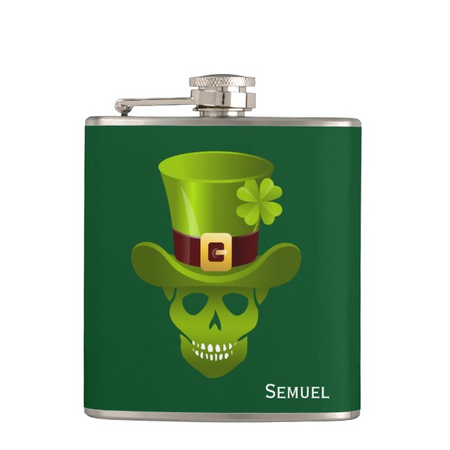 Monogram Green 4 Leaf Kleeblatt Skull und Grüner H Flachmann (Vorderseite)
