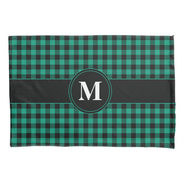 Monogram Green and Black Gingham Pattern Kissenbezug (Vorderseite)