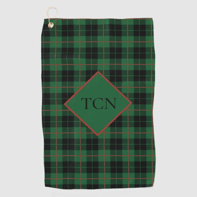 Monogram Green Black Red Kariert Tartan Scott Golfhandtuch (Vorderseite)