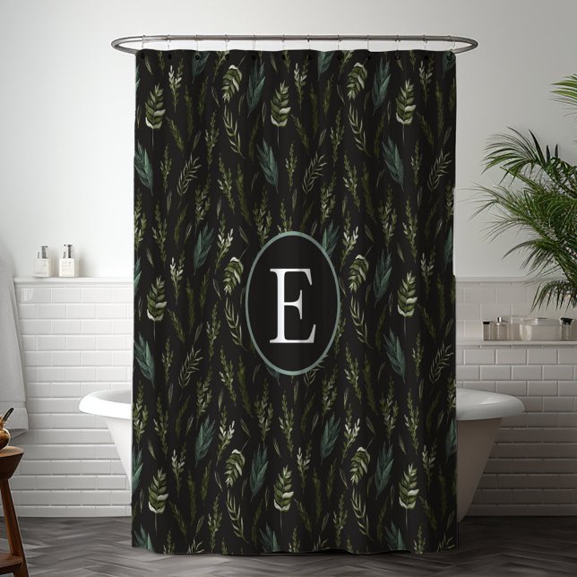 Monogram Green Blätter Botanical Pattern Duschvorhang (In situ bathroom)