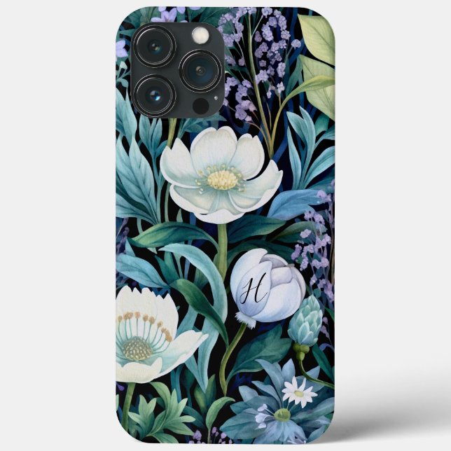 Monogram Green Blue Lila White Floral Greenery Case-Mate iPhone Hülle (Rückseite)