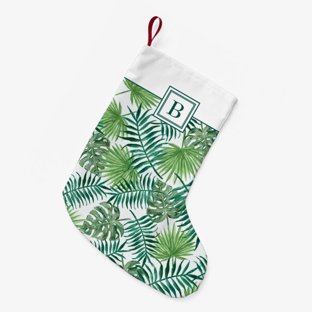 Monogram Green Botanical Palm Blätter Kleiner Weihnachtsstrumpf (Vorderansicht (hängend))