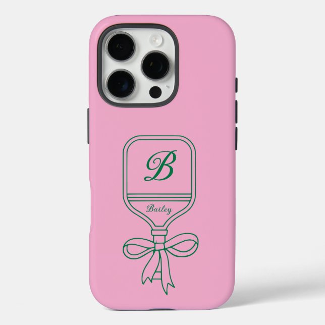 Monogram Green Bow Pickleball Paddle Pink iPhone 16 Pro Hülle (Rückseite)