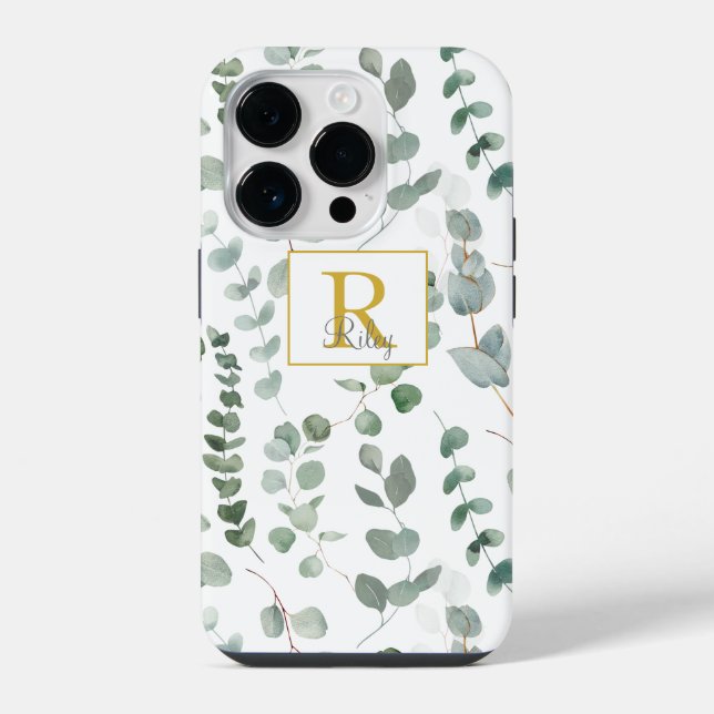 Monogram Green Eucalyptus Pattern iPhone 14 Pro Hülle (Rückseite)