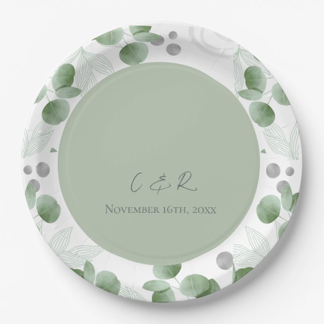Monogram Green Eucalyptus Wedding Reception Party Pappteller (Vorderseite)