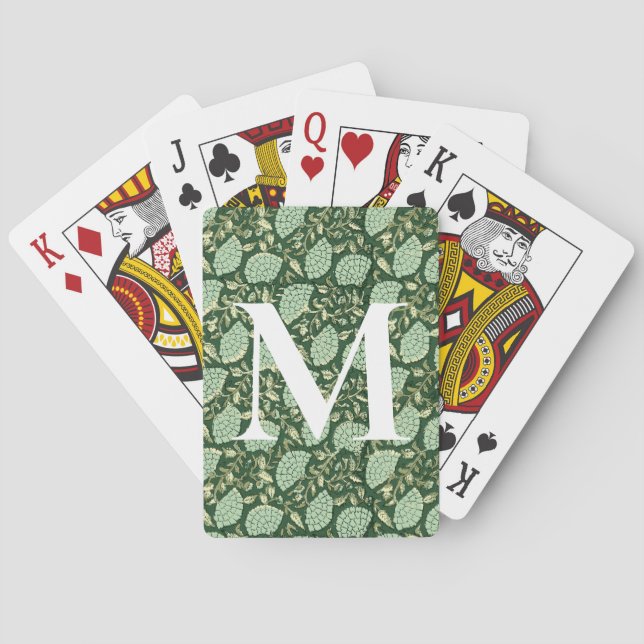 Monogram Green Floral Block Print Playing Cards Spielkarten (Rückseite)