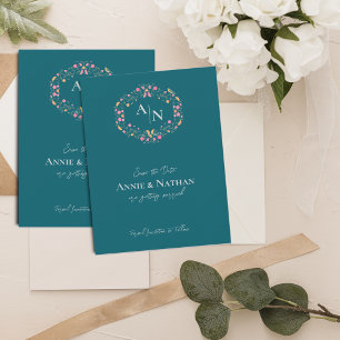 Monogram Green Intricate Floral Frame Wedding Ankündigung
