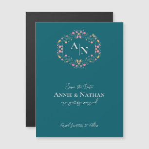 Monogram Green Intricate Floral Frame Wedding Magnetkarte