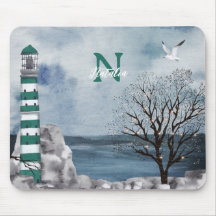 Monogram Green Lighthouse Wasserfarbe Kunst
