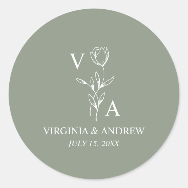 Monogram Green Minimalist Boho Wedding Classic Runder Aufkleber (Vorderseite)