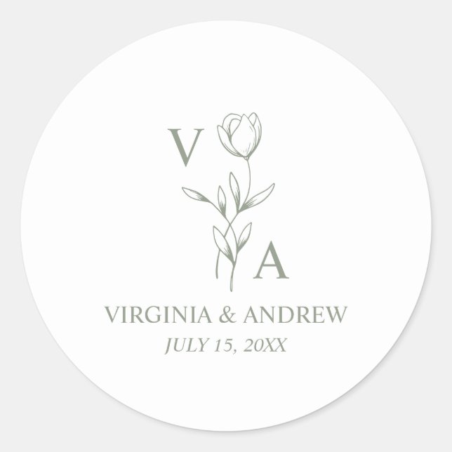 Monogram Green Minimalist Boho Wedding  Runder Aufkleber (Vorderseite)